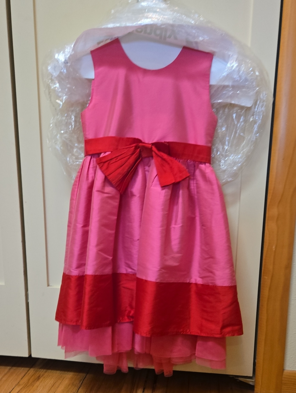 Sleeveless Pink Dress with Red Bow Waist for Girls